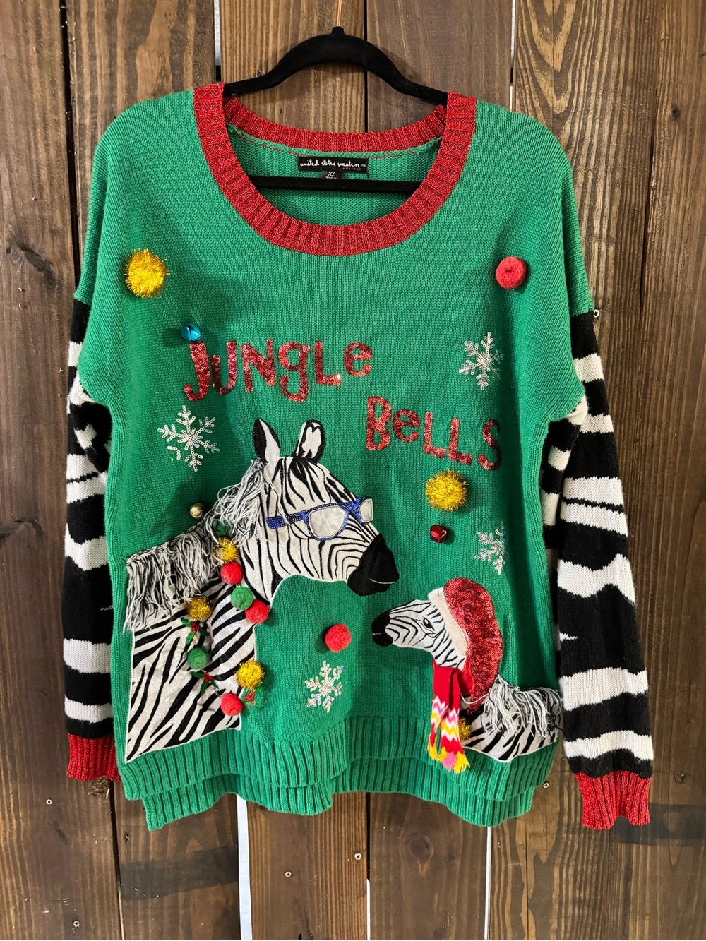 united states sweaters Green Zebra 'Jungle Bells' Holiday Crewneck Sweater